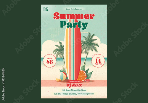 Editable Summer Party Flyer Design with Beach Elements for Event Promotion.