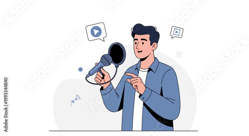 Podcaster Speaking into Microphone, Recording Audio for Podcast or Broadcast