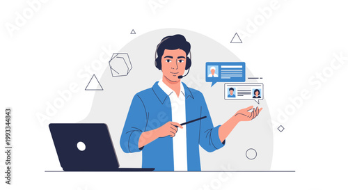 Man with headset and laptop presenting online, virtual meeting, remote work concept