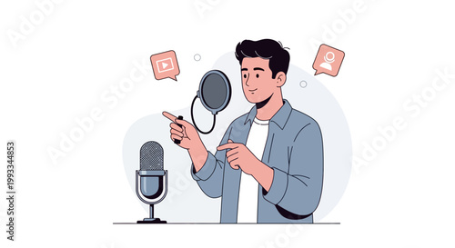 Podcaster Speaking into Microphone, Recording Podcast, Content Creation, Digital Media