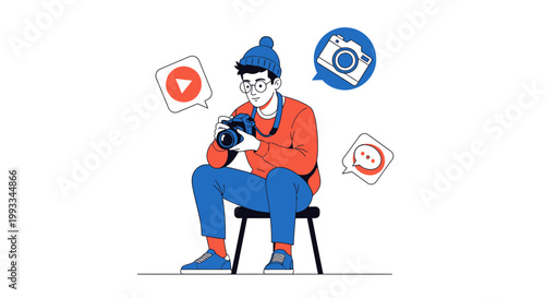 Photographer with Camera and Social Media Icons - Content Creator Concept