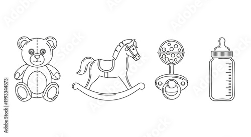 Baby Toys Collection: Teddy Bear, Rocking Horse, Rattle, and Bottle - Line Art Icon Set