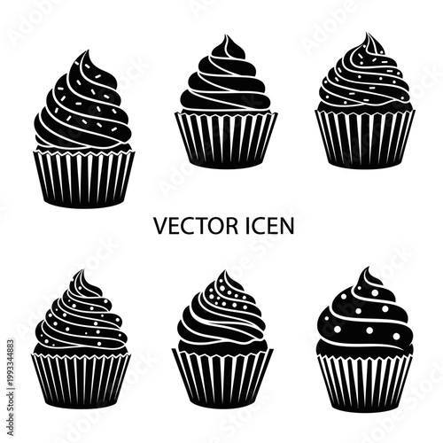 Set of Six Black Cupcake Icons with Sprinkles and Swirl Frosting
