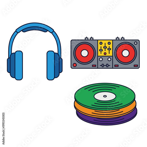DJ Equipment: Headphones, Turntable, and Vinyl Records - Music Production Concept