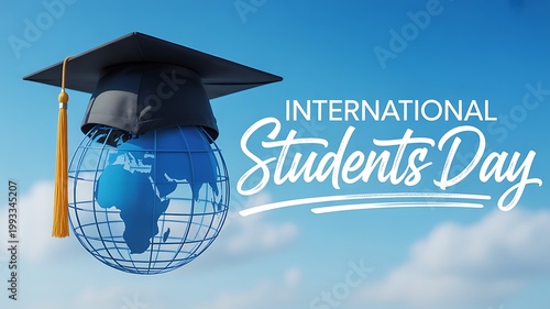 Graduation cap on blue globe with continents, celebrating International Students Day