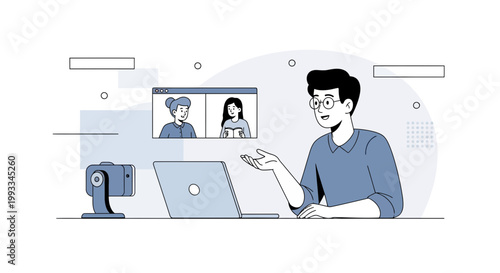 Online Meeting: Man Video Conferencing with Colleagues on Laptop, Remote Work