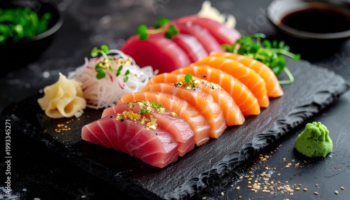 A refined luxury sashimi presentation featuring premium