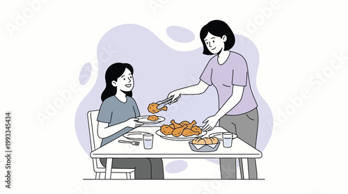 Vector Illustration of a Woman Serving Delicious Fried Chicken to Her