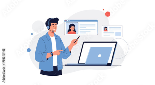 Online learning, man with headset teaching via laptop, virtual meeting, remote education