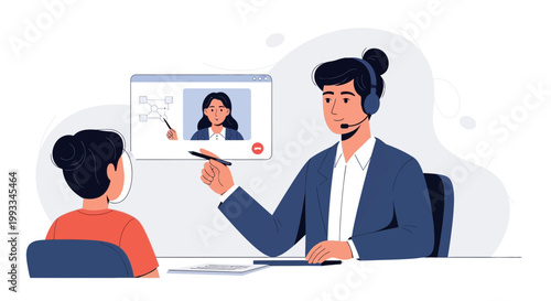 Online learning: Teacher guiding student via video call, explaining diagram on screen