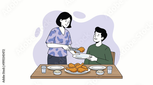Woman Serving Crispy Fried Chicken to Man at Dinner Table Vector Illus