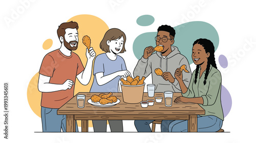 Diversity group of happy friends eating crispy fried chicken together