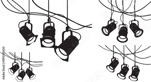 Industrial stage spotlight vector set, black theater lighting equipment silhouettes, hanging studio lamp collection for concert and event design