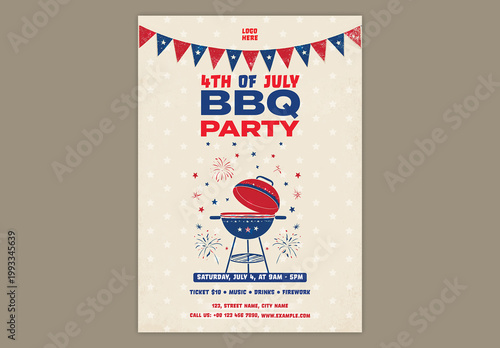 Editable 4th of July Independence Day BBQ Party Flyer Design with American Flag Theme and Patriotic Celebration Elements.
