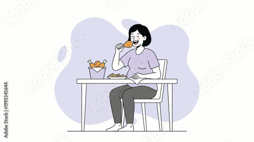 Pregnant Woman Enjoying Fried Chicken and French Fries Vector Illustra