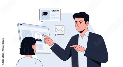 Online learning and mentorship: Man teaching woman via digital screen