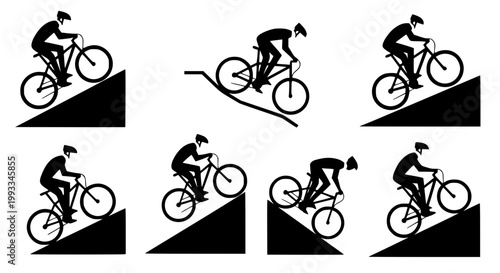 Mountain biking cyclist silhouettes and icons vector collection for outdoor sports and cycling adventure design