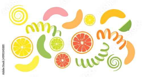 Flat Vector Illustration Set of Citrus Fruit Particles with Orange Slices Lemon Zest Twists and Colorful Fruit Peels Isolated on White Background for Beverage Branding