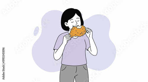 Vector Illustration of a Happy Woman Biting and Enjoying Crispy Fried