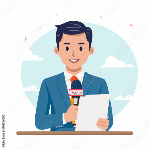 News Reporter Holding Microphone and Paper