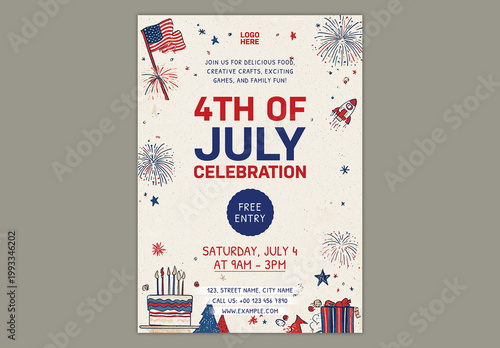 Editable 4th of July Independence Day Celebration Flyer Design with American Flag and Festive Elements on Beige Background.