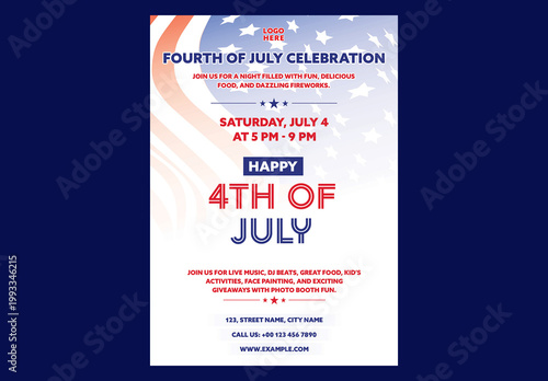 Editable Happy 4th of July Independence Day Celebration Flyer Design with American Flag Background.