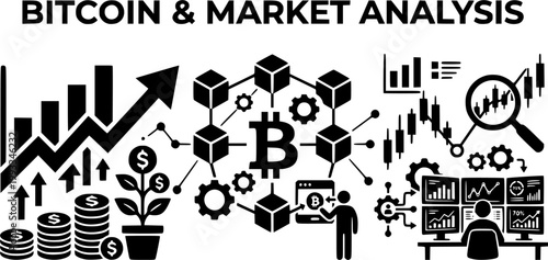 Financial growth bitcoin and market analysis represented in black silhouette