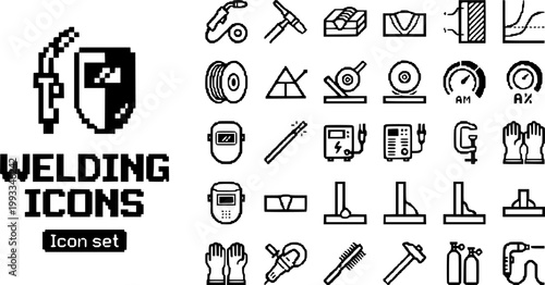 Personal protective equipment icon set featuring black glyphs of a hard hat, safety glasses, earmuffs, respirator mask, gloves, vest, boots, and a safety harness for work