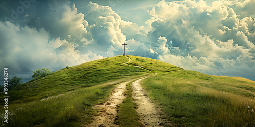 Spiritual Path to Hilltop Cross | Serene Landscape with Faith Journey | Dramatic Cloudy Sky and Sacred Road