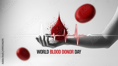 Hand cradling a blood drop with a heartbeat line, symbolizing World Blood Donor Day