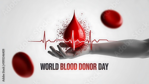 Hand holding a blood drop with a heartbeat line, highlighting World Blood Donor Day