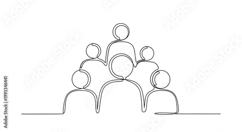 Minimalist continuous line drawing of a diverse group of people standing together, representing community and unity.