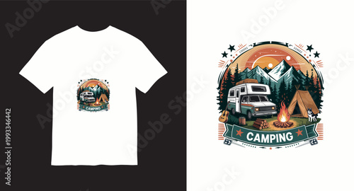 Camping retro style custom t-shirt design with campfire, RV, tent, and mountains for outdoor enthusiasts.