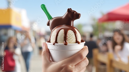Hand holding cup of vanilla ice cream with chocolate bear topping