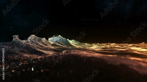 Colorful ocean waves at night time.