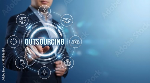 Luminous holographic dashboard manipulated by a faceless professional to manage international outsourcing and operational efficiency across a digital network.