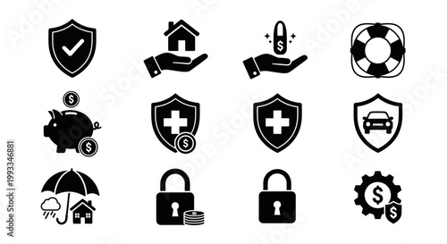 Insurance Icons: Protection, Savings, Health, Home, Car, Life, Security