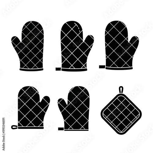 Set of Black Oven Mitts and Pot Holder Icons, Kitchen Safety and Cooking Utensils