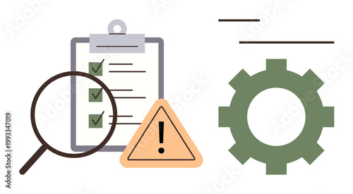 Quality assurance, process development, risk management, system optimization, error detection, and inspection. Checklist with magnifying glass and warning sign next to gear. Quality assurance