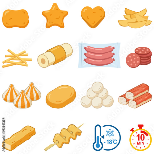 Comprehensive frozen food icon set featuring nuggets sausages fish balls and cooking instruction utility symbols