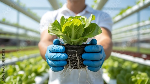 Hands in blue gloves holding fresh lettuce plant with roots