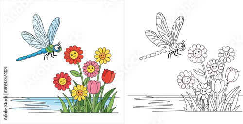 Cute Cartoon Dragonfly and Smiling Flowers Coloring Book Page for Kids, Vector Illustration Featuring Both Full Color and Black and White Outline Versions