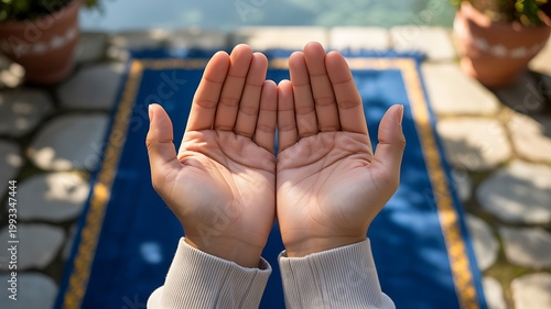 Hands lifted in prayer over a blue worship mat during an outdoor ceremony