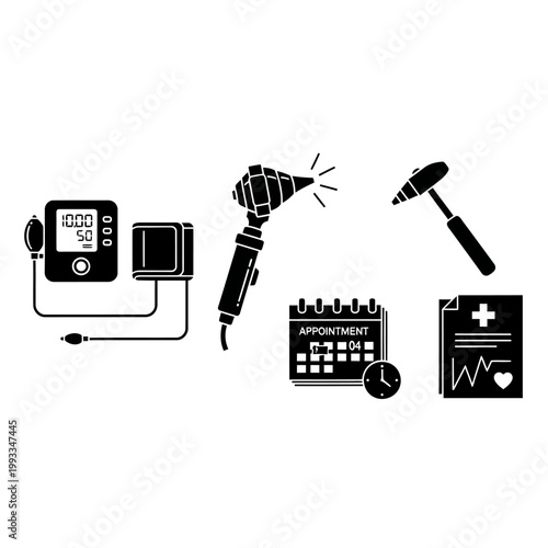 Medical Icons: Blood Pressure Monitor, Otoscope, Reflex Hammer, Calendar, Chart