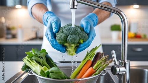 Hands in blue gloves washing fresh broccoli under running water