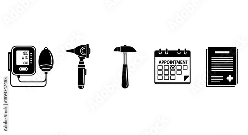 Medical Icons: Blood Pressure Monitor, Otoscope, Reflex Hammer, Calendar, Document