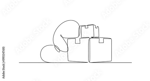 Single Line Drawing of a Person Hiding Behind Cardboard Boxes, Minimalist Art