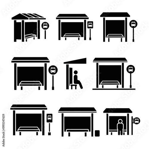Bus Stop Icons: Collection of Urban Shelter Designs and Waiting People Silhouettes