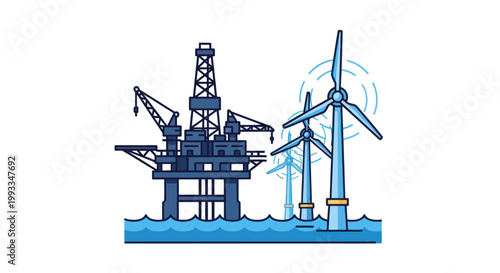 Tableau sur toile Offshore oil rig and wind turbines in the sea, renewable energy vs fossil fuel c