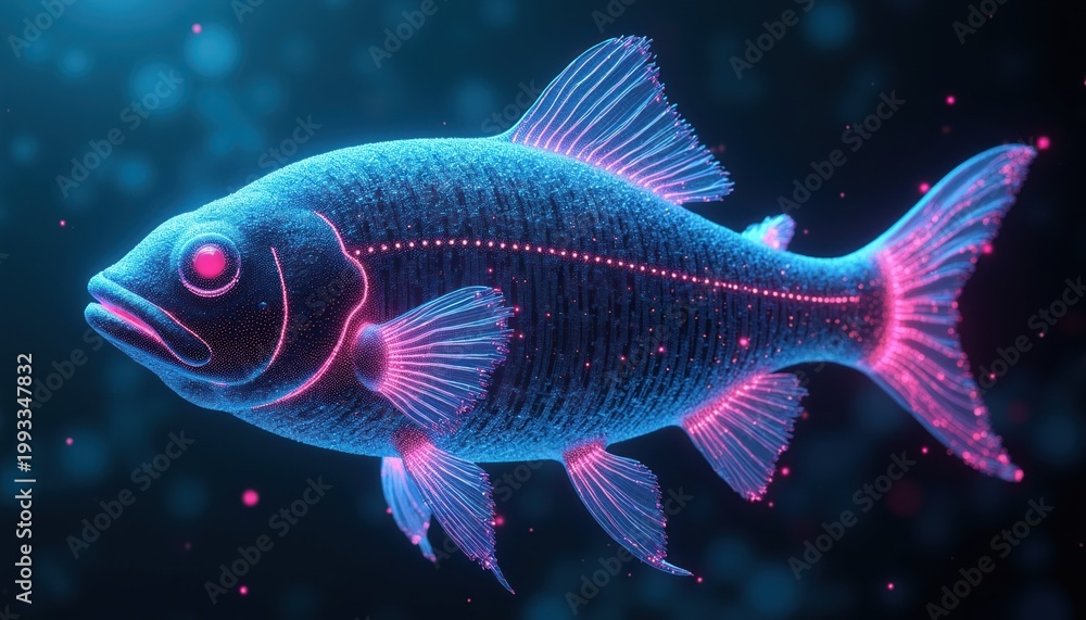 Fototapeta premium Abstract glowing digital fish swims in dark cyberspace. Neon light outlines body fins, symbolizing online danger. Cyber threat concept, data security awareness illustration.